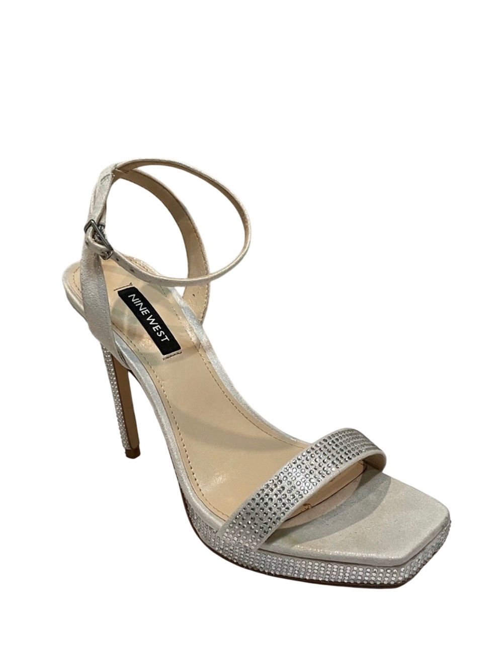 Nine West Silver Glitter Ankle Strap Platform Stiletto Heels 7.5